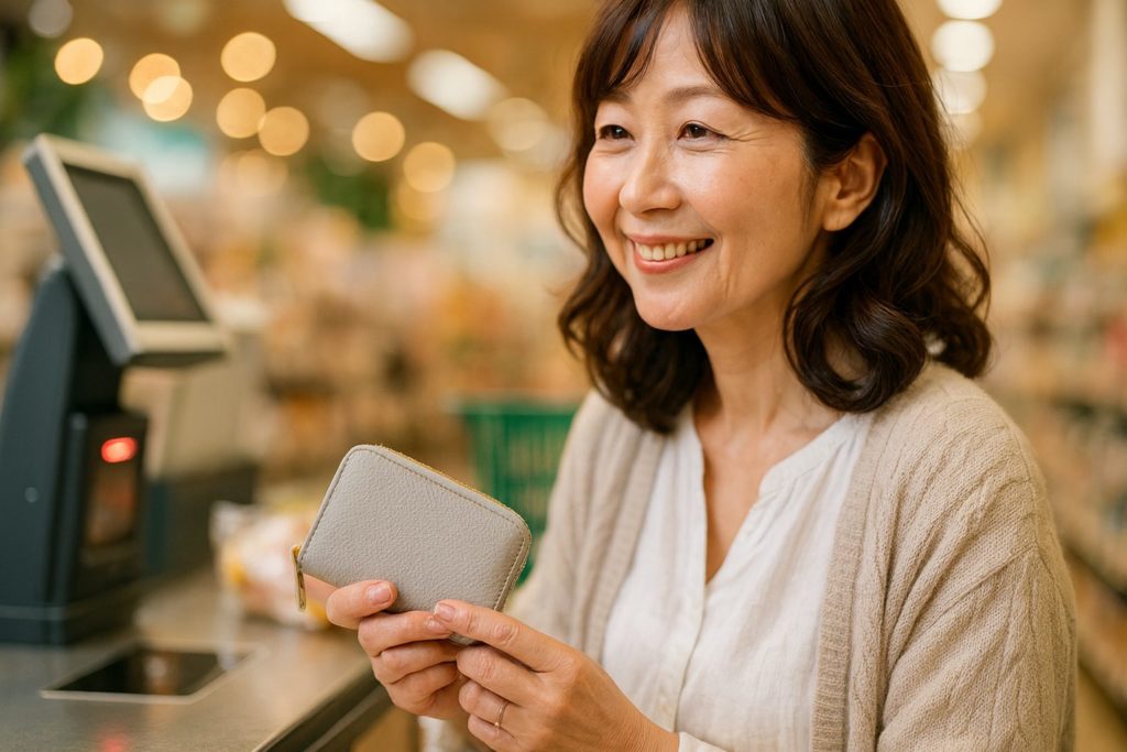 ラシエム ミニ財布（じゃばら式）を手に持って買い物をする女性のイメージ画像