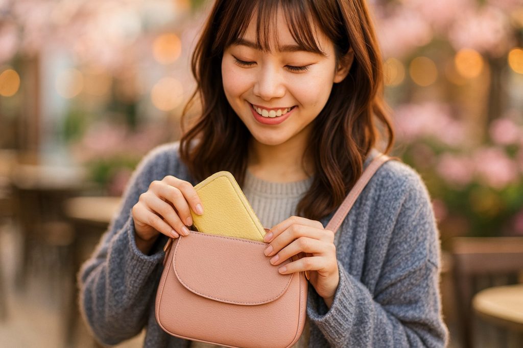 ラシエム ミニ財布（じゃばら式）を小さいカバンに嬉しそうに入れそうとしているイメージ画像