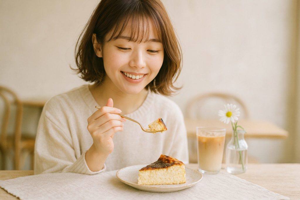 女性が軽井沢トルタのバスク風チーズケーキを美味しそうに食べようとしているイメージ画像
