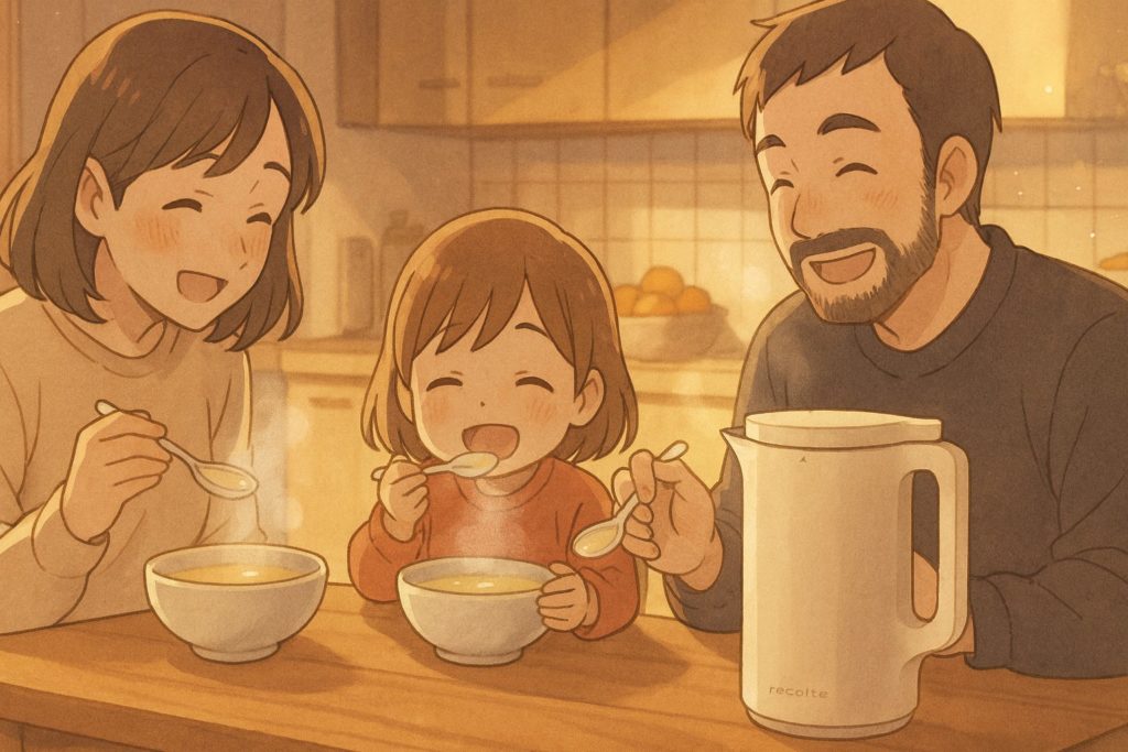 レコルト 自動調理ポットで作ったスープを飲んでいるイメージ画像